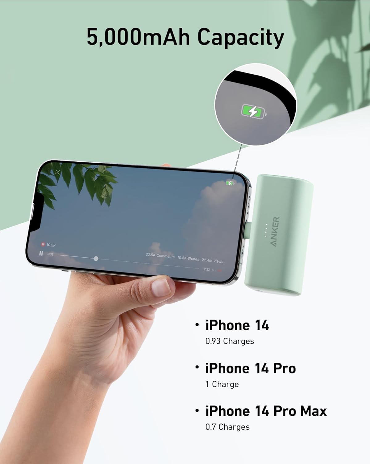 iPhone용 Anker Nano 휴대용 ​​충전기, 내장형 MFi 인증 Lightning 커넥터, 파워뱅크 5,000mAh 12W, iPhone 14/14 Pro/14 Plus, iPhone 13 및 12 시리즈와 호환(블랙)