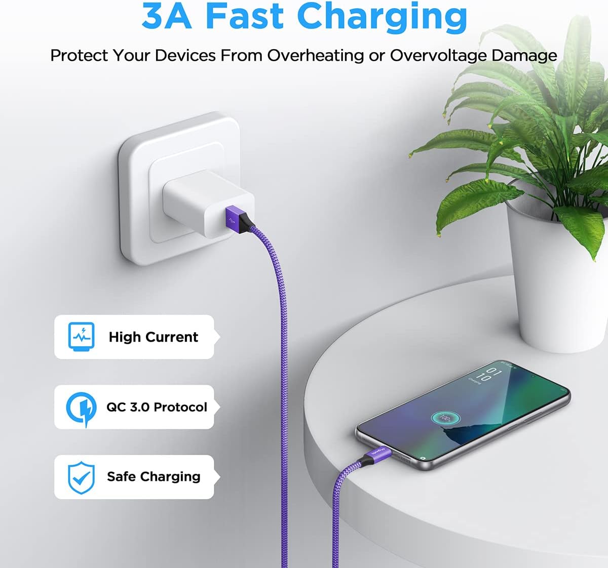 etguuds 2-Pack 3ft USB C Cable 3A Fast Charge, Purple USB A to Type C Charger Cord Braided for Samsung Galaxy A10e A15 A25 A54 A51 A50, S24 S23 S22 S21 S20 S10 S10E S9, Note 20 10 9, Moto G G9 G8 · v2