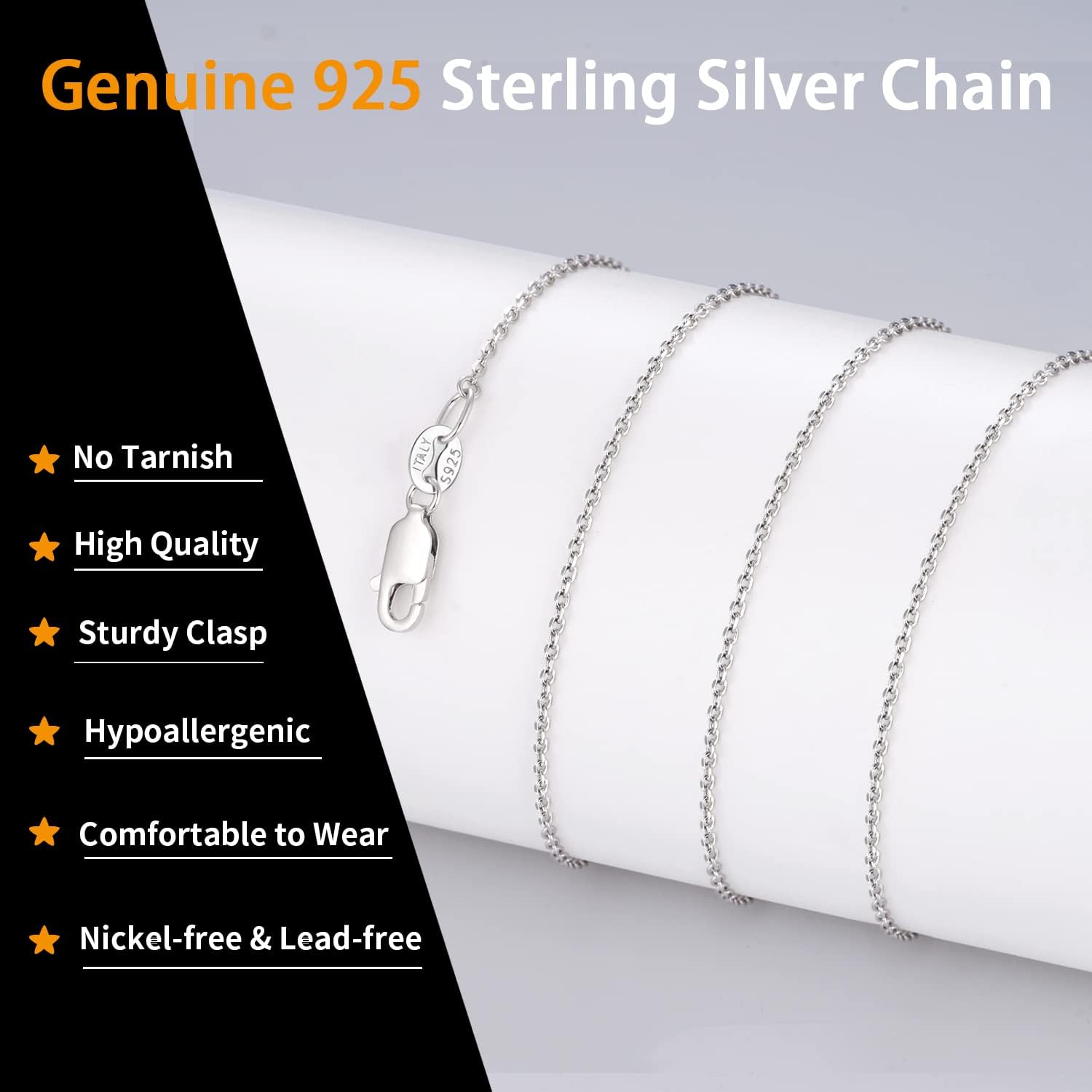 Jewlpire Solid 18k Gold Over 925 Sterling Silver Chain Necklace for Women, 1.2mm Cable Chain Necklace Thin  Dainty amp; Sturdy Womens Chain Necklaces 14/16/17/18/20/22/24 Inch