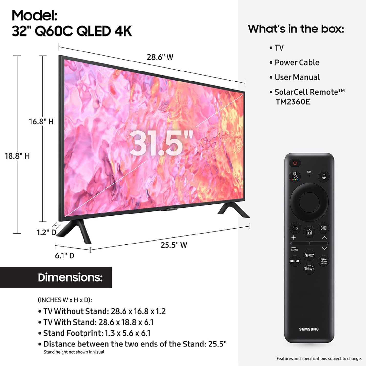 SAMSUNG QLED 4K serie Q60C Quantum HDR da 32 pollici, doppio LED, Object Tracking Sound Lite, Q-Symphony, Motion Xcelerator, hub di gioco, Smart TV con Alexa integrato (QN32Q60C, modello 2023), Titan Grey