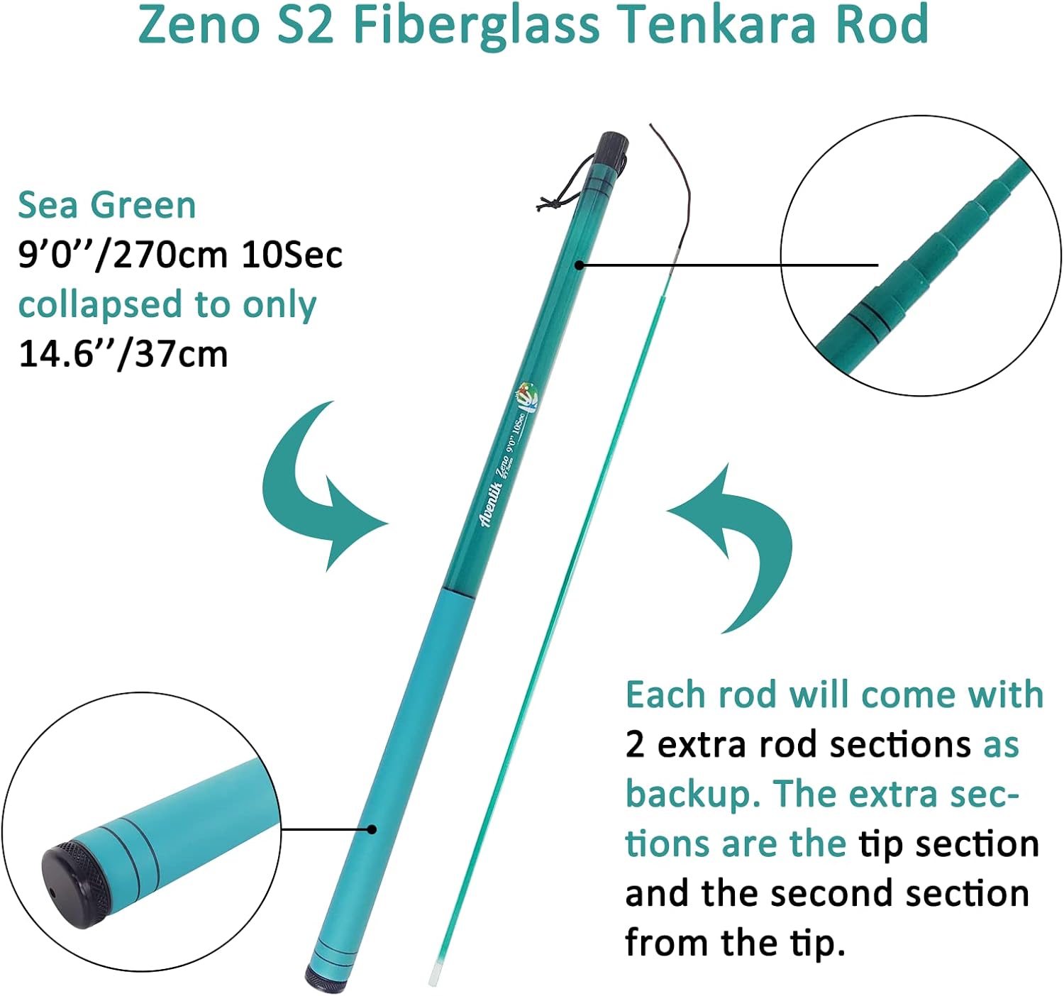 Aventik Zeno S2-Glass Tenkara Rod with 2 Extra Rod Sections 10 Sec in 9ft/10ft Excellent Durability and Strength, Collapsed to Only 14.6in/15.2in, 6:4 Soft M-Action, Super Lightweight and Compact, Elegant Translucent Color Super Eye-catching · v4