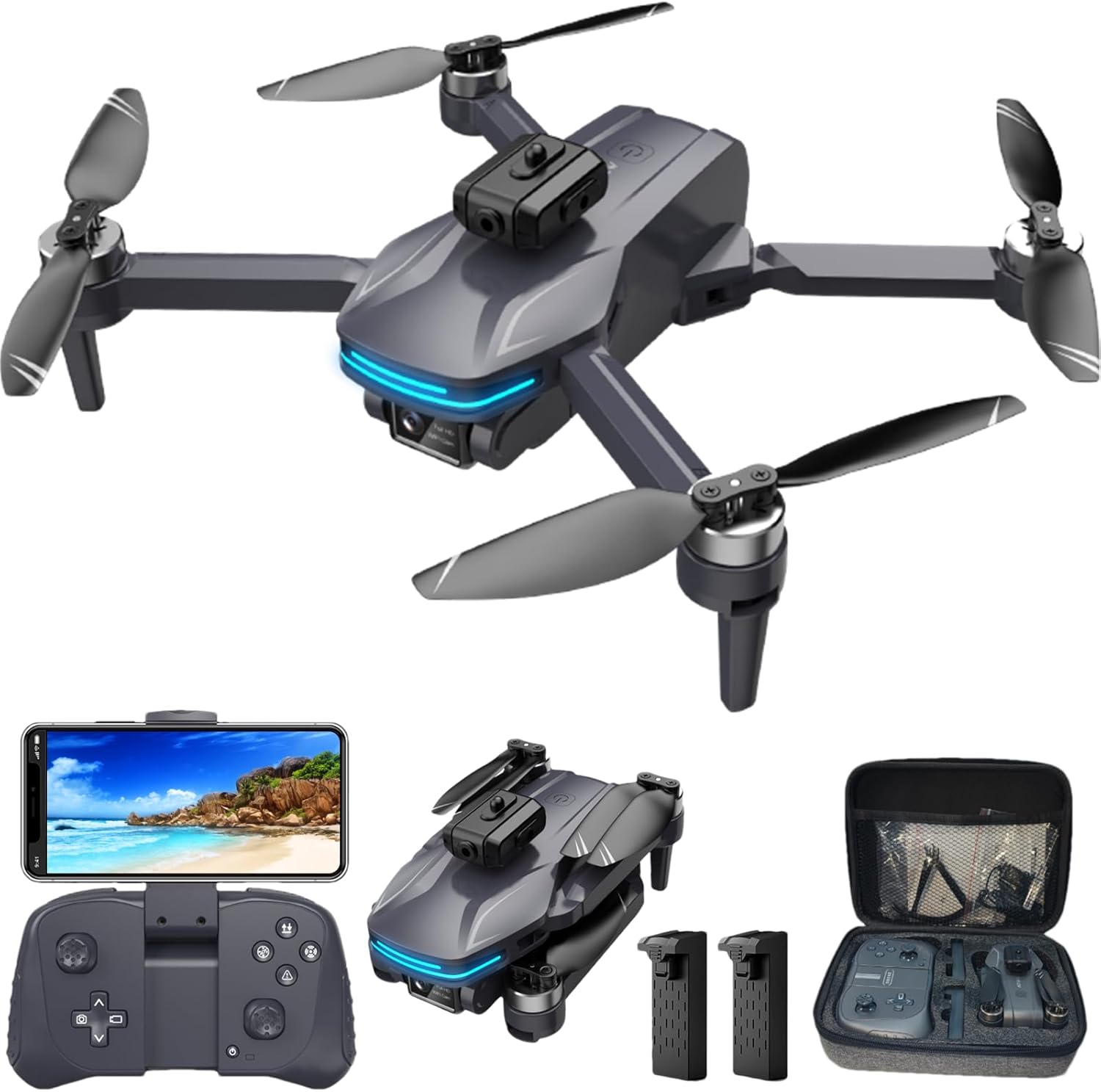 طائرة بدون طيار FPV مع كاميرا 1080 بكسل للأطفال والكبار المبتدئين، طائرة رباعية المراوح قابلة للطي مع حقيبة حمل، عدسة قابلة للتعديل، صورة شخصية بالإيماءات، محرك بدون فرشاة، تثبيت الارتفاع، تقلبات ثلاثية الأبعاد، التحكم الصوتي، إقلاع/هبوط بمفتاح واحد، طيران نقطة المسار، تحديد موقع التدفق البصري، هدايا ألعاب RC للأولاد والبنات