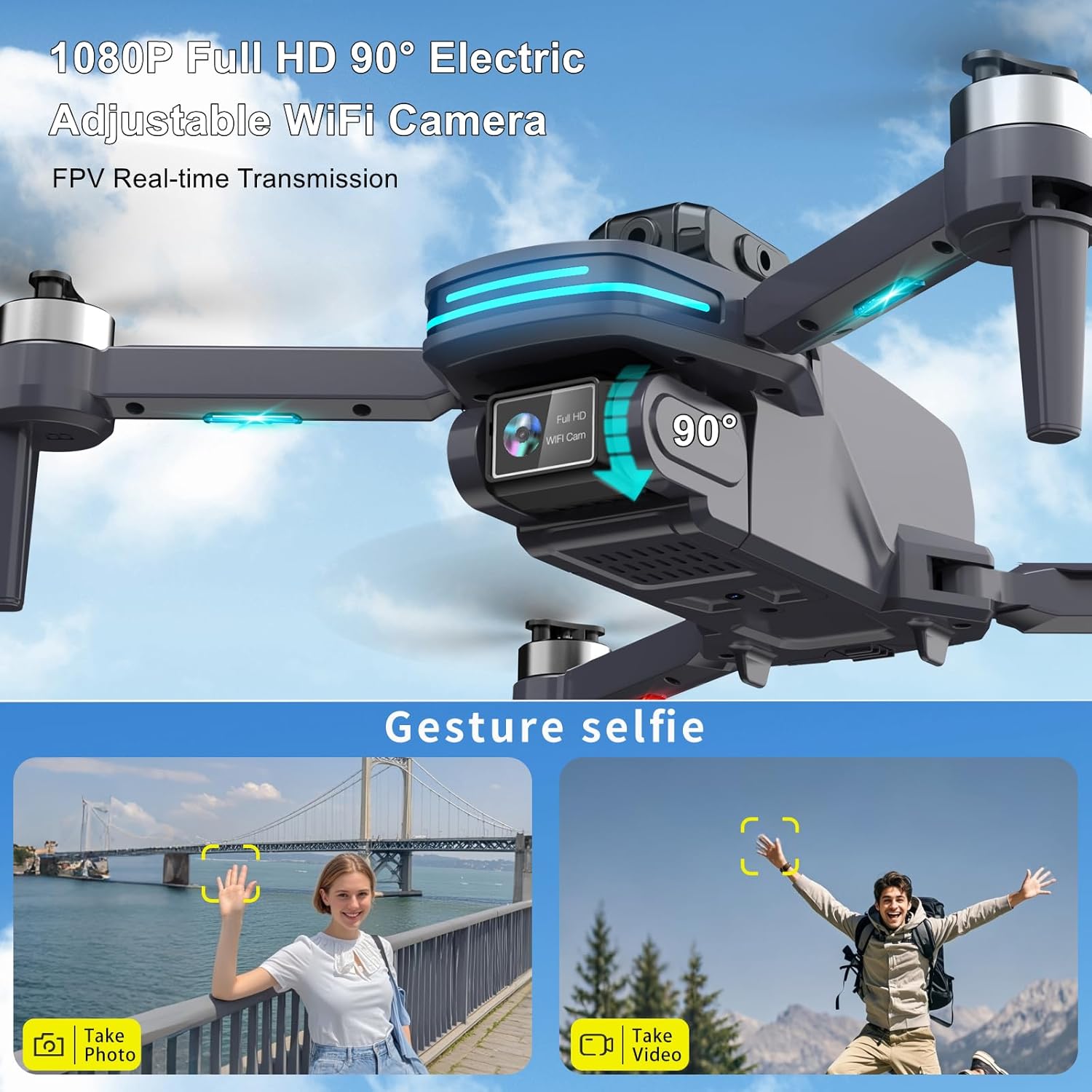 طائرة بدون طيار FPV مع كاميرا 1080 بكسل للأطفال والكبار المبتدئين، طائرة رباعية المراوح قابلة للطي مع حقيبة حمل، عدسة قابلة للتعديل، صورة شخصية بالإيماءات، محرك بدون فرشاة، تثبيت الارتفاع، تقلبات ثلاثية الأبعاد، التحكم الصوتي، إقلاع/هبوط بمفتاح واحد، طيران نقطة المسار، تحديد موقع التدفق البصري، هدايا ألعاب RC للأولاد والبنات