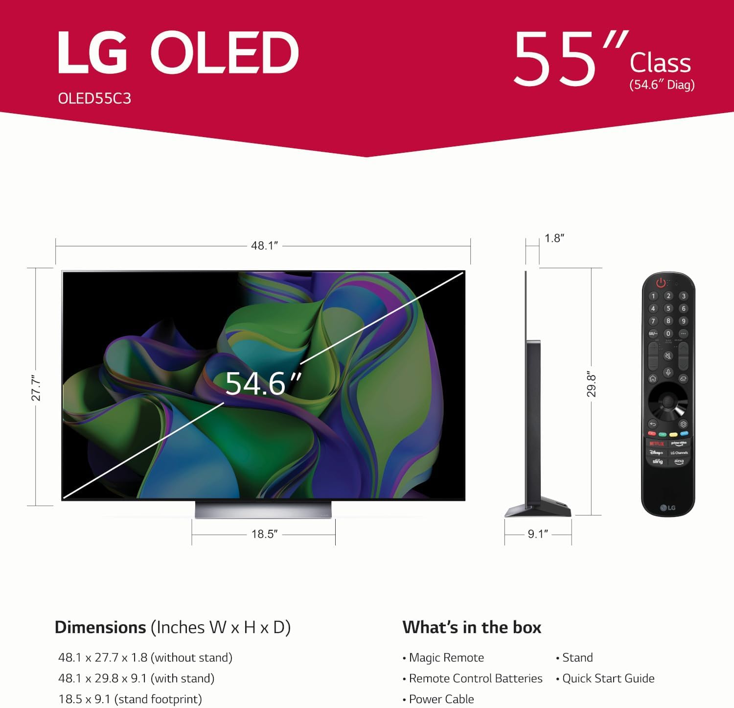Smart TV a schermo piatto LG serie C3 da 55 pollici classe OLED evo 4K per giochi con OLED55C3PUA basato su intelligenza artificiale Magic Remote, frequenza di aggiornamento 120 Hz, 2023 con Alexa integrato