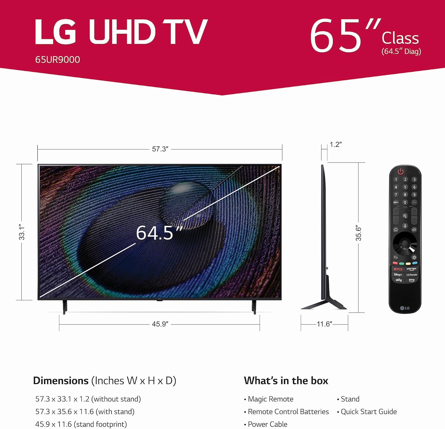LG 65 นิ้ว Class UR9000 Series Alexa Built-in 4K Smart TV (3840 x 2160), Bluetooth, Wi-Fi, USB, Ethernet, HDMI อัตราการรีเฟรช 60Hz, 4K ที่ขับเคลื่อนด้วย AI