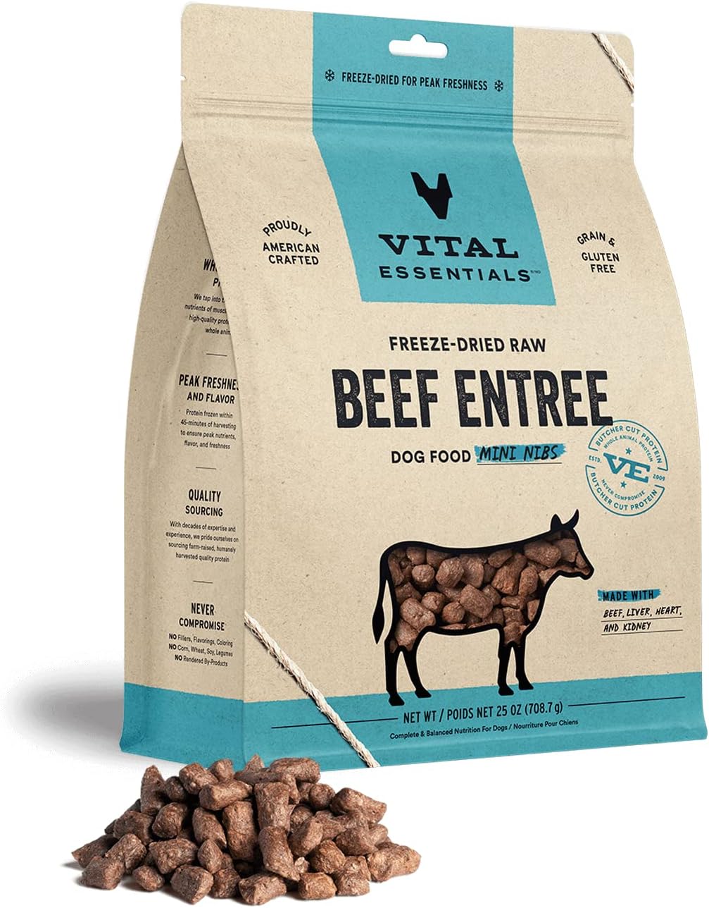 طعام كلاب خام مجفف بالتجميد من Vital Essentials، قطع صغيرة من لحم البقر، 25 أونصة