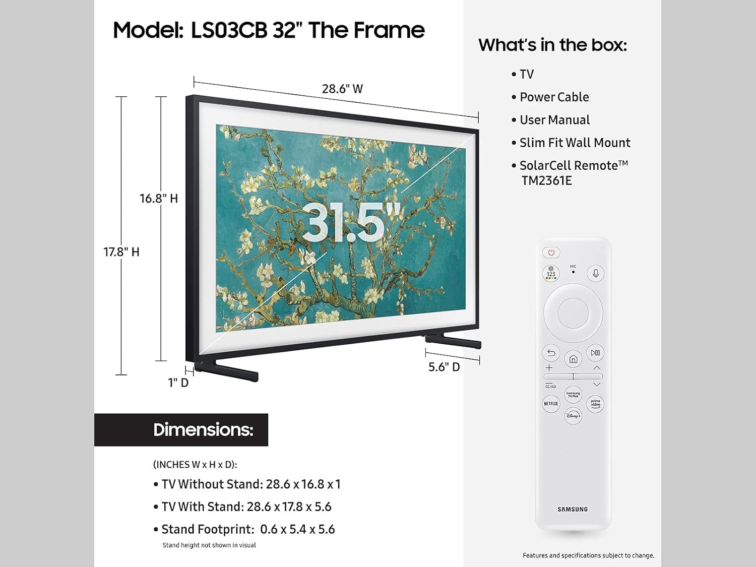 تلفزيون سامسونج 32 بوصة من فئة QLED The Frame LS03C، شاشة Quantum HDR، وضع فني، شاشة غير لامعة مضادة للانعكاس، حامل حائط نحيف متضمن، تلفزيون ذكي مع أليكسا مدمج (QN32LS03CB)