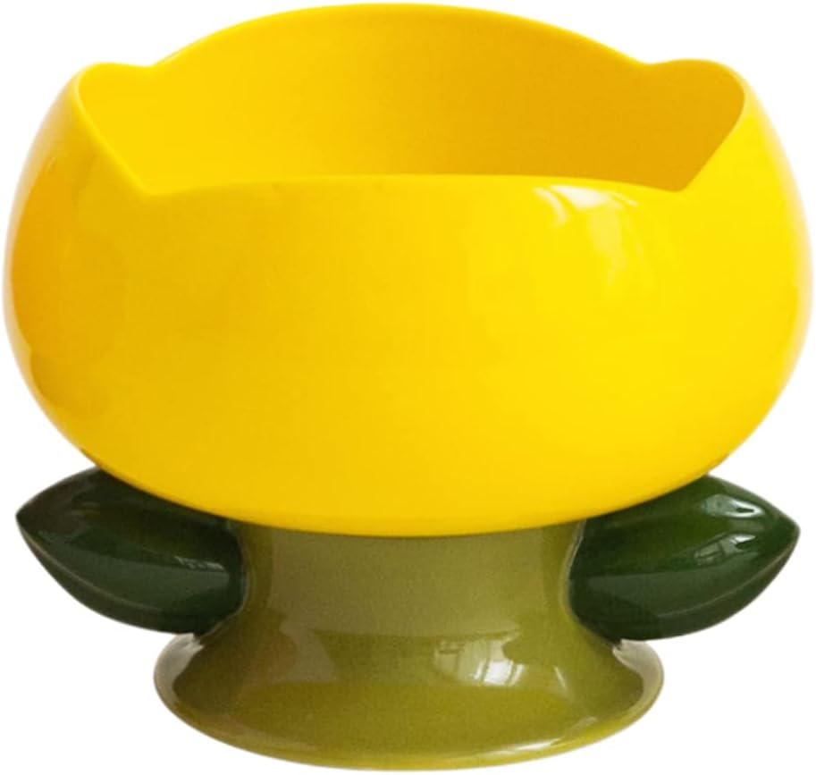 PIPIPET Raised Cat Bowls, Ceramic Cat Bowls, Handmade Flower Ceramic Raised Cat Dish, Elevated Cat Food Bowls for Protecting Spine  Whisker Fatigue Basic Bowls-Yellow