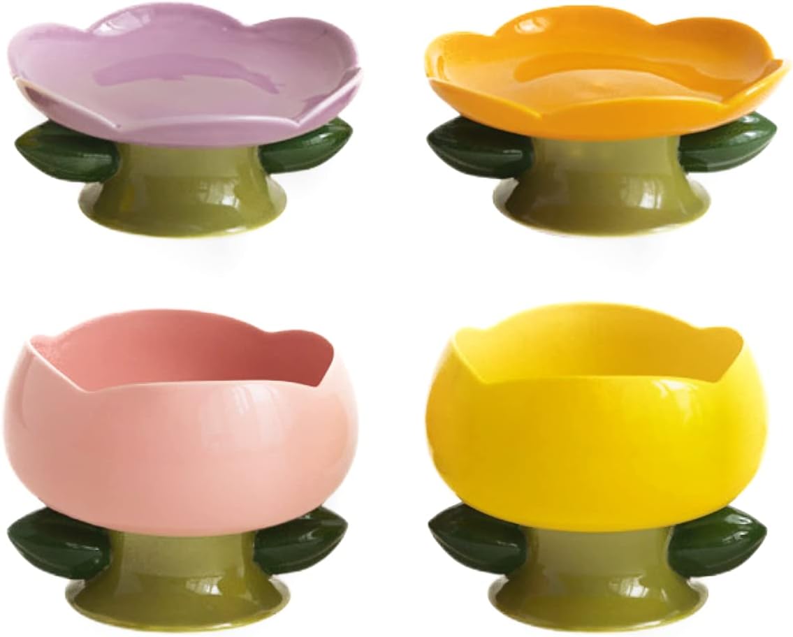 Cuencos criados para gatos PIPIPET, cuencos de cerámica para gatos, plato elevado para gatos hecho a mano con flores y cerámica, tazones elevados de comida para gatos para proteger la fatiga de los bigotes de la columna vertebral, cuencos básicos, amarillos