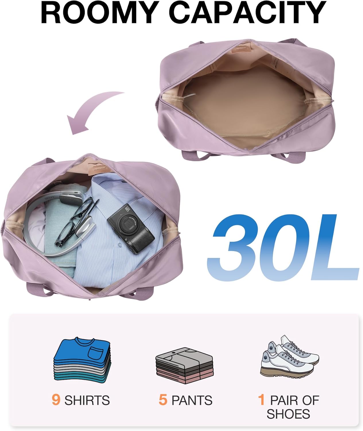 BAGSMART Foldable Travel Duffle Bag, 30.6L Large Carry On Tote Bag Gym Sports Bag for Women, Weekender Overnight Bag for Travel Essentials  Daily Necessities(Dark Purple)