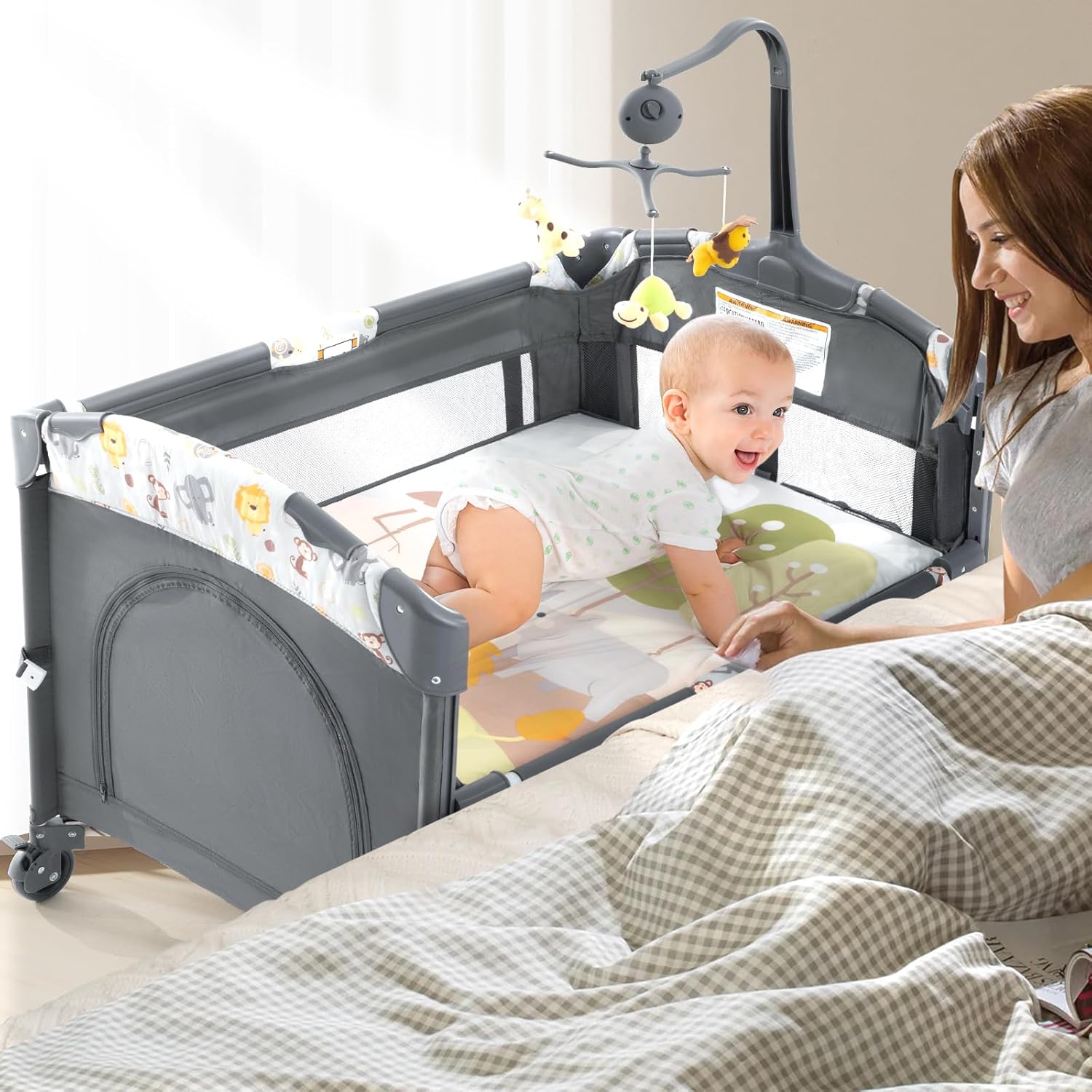 5 in 1 Infant Newborn Baby Crib,Baby Bassinet Bedside Cribs,Pack and Play with Bassinet and Changing Table,Portable Travel Baby Bassinet Toys  Music Box,Portable Travel Crib,Dark Gray
