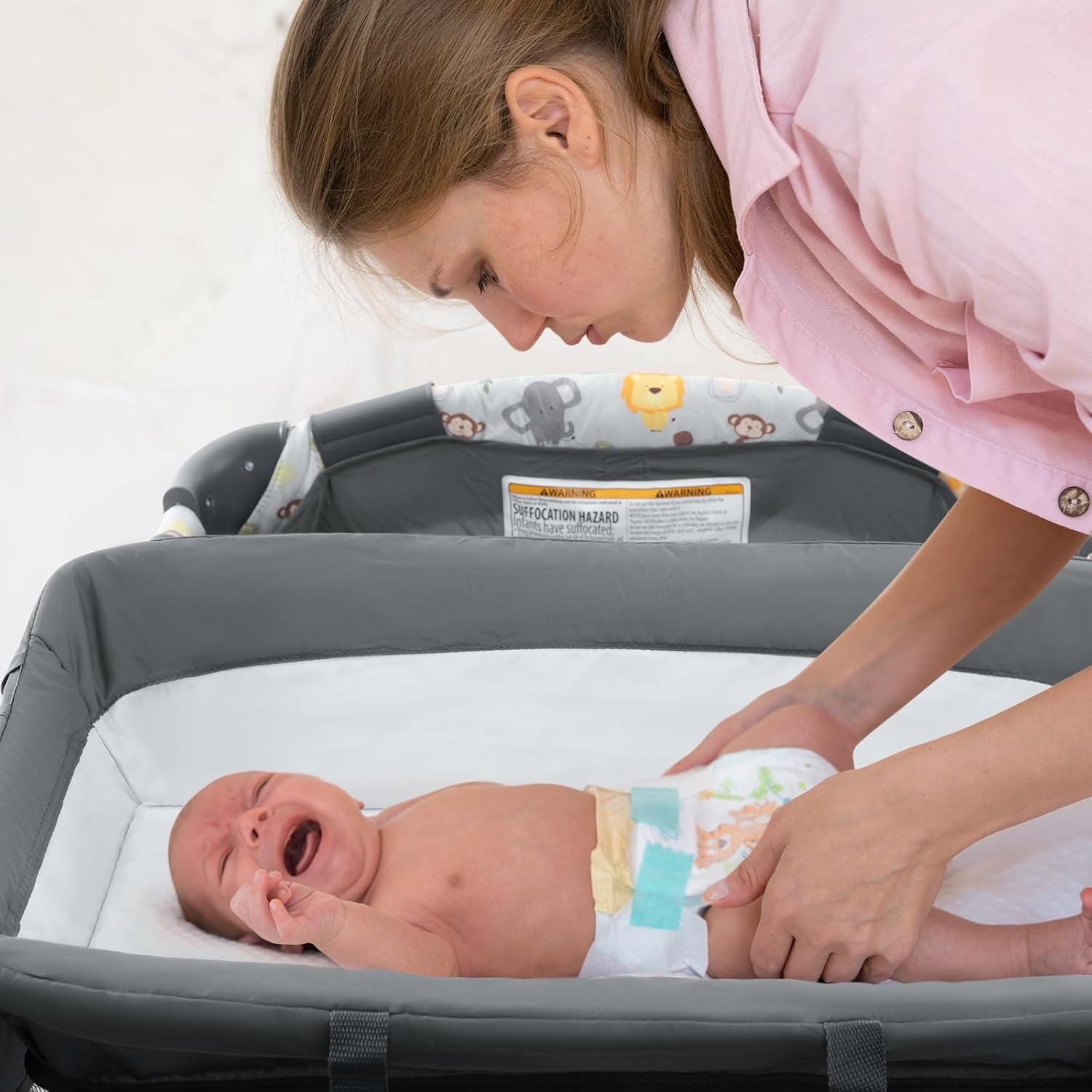 5 in 1 Infant Newborn Baby Crib,Baby Bassinet Bedside Cribs,Pack and Play with Bassinet and Changing Table,Portable Travel Baby Bassinet Toys Music Box,Portable Travel Crib,Dark Gray