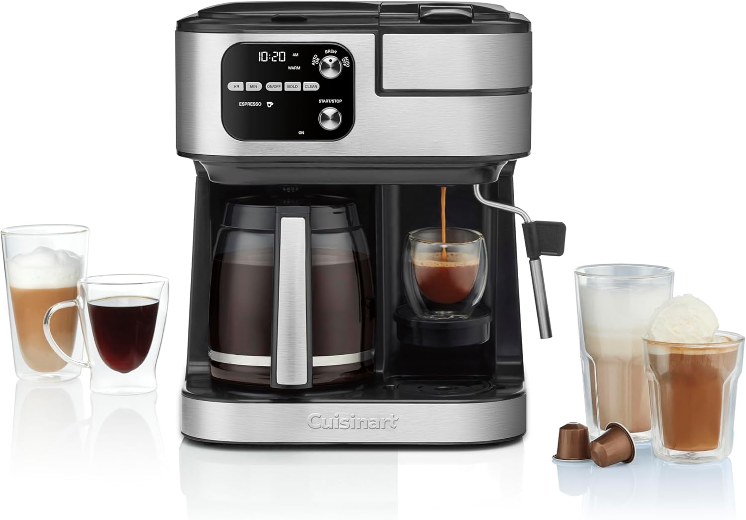 เครื่องชงกาแฟ Cuisinart เครื่องชงกาแฟ 4-in-1 Coffee Center Barista Bar เครื่องชงกาแฟแบบชงครั้งเดียว เอสเพรสโซ เข้ากันได้กับแคปซูล Nespresso เหยือกใส่กาแฟได้ 12 ถ้วย สีดำ รุ่น SS-4N1