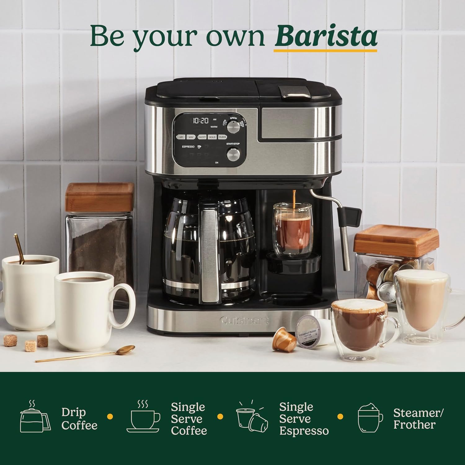 Macchina da caffè Cuisinart, macchina da caffè Coffee Center Barista Bar 4 in 1, caffè monodose, capsule Espresso compatibili con Nespresso, caraffa da 12 tazze, nera, SS-4N1