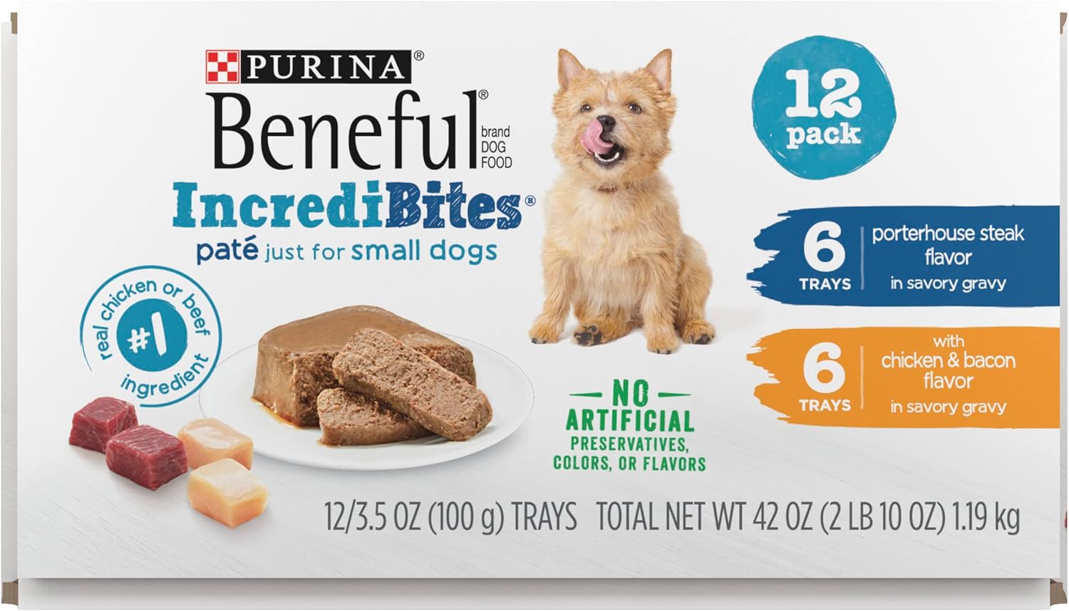 Paquete variado de alimento húmedo para perros Beneful IncrediBites con sabor a pollo y tocino natural y sabor a carne Porterhouse, paquete de 12, latas de 3.5 oz
