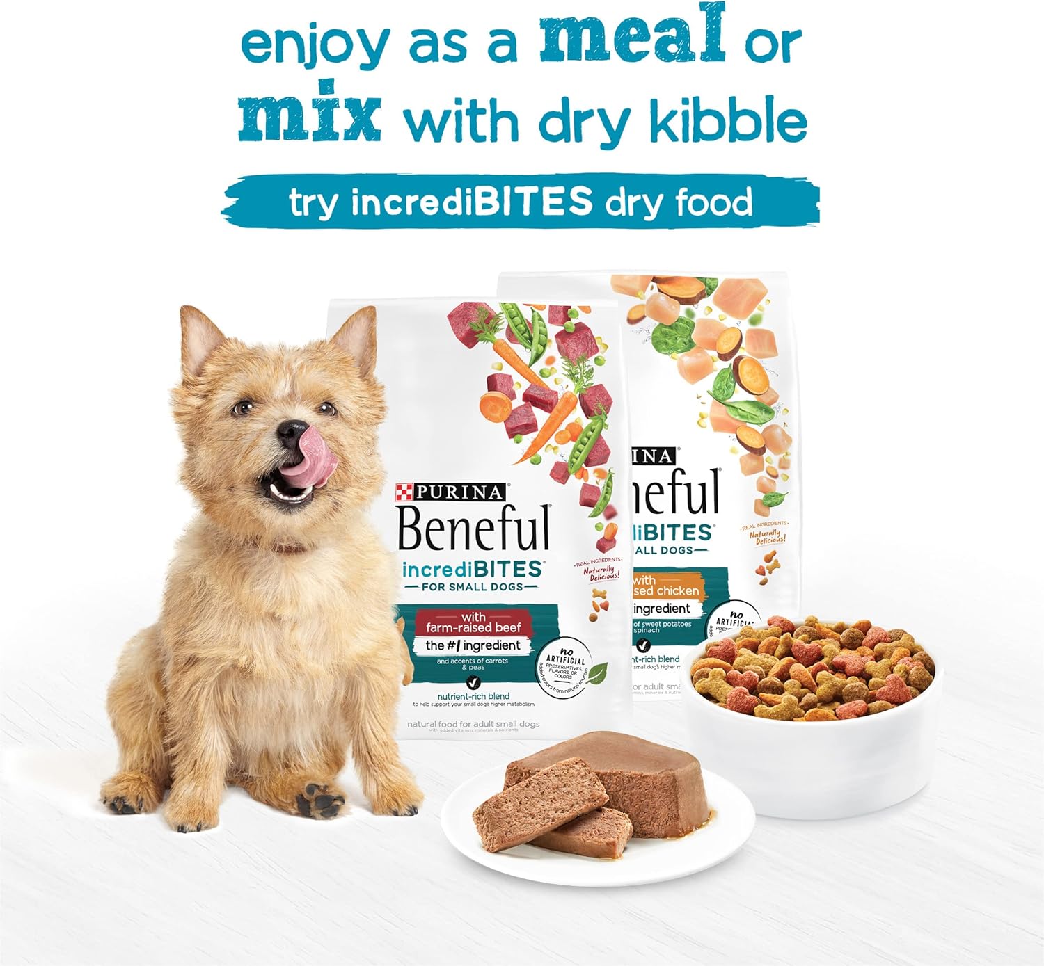 Paquete variado de alimento húmedo para perros Beneful IncrediBites con sabor a pollo y tocino natural y sabor a carne Porterhouse, paquete de 12, latas de 3.5 oz