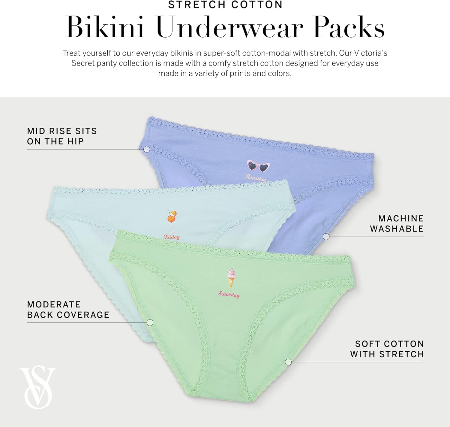 Victorias Secret Damen-Bikini-Unterwäsche aus Baumwolle, Höschen mit mäßiger Bedeckung für Damen, Multipack (XS-XXL)