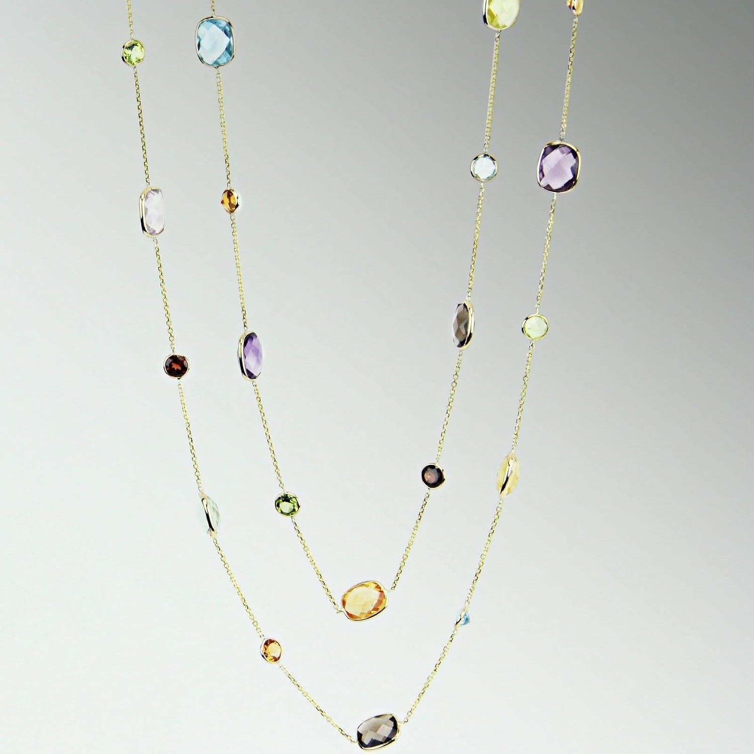 Collar de oro amarillo de 14 quilates con gemas multicolores de talla elegante, 36 pulgadas