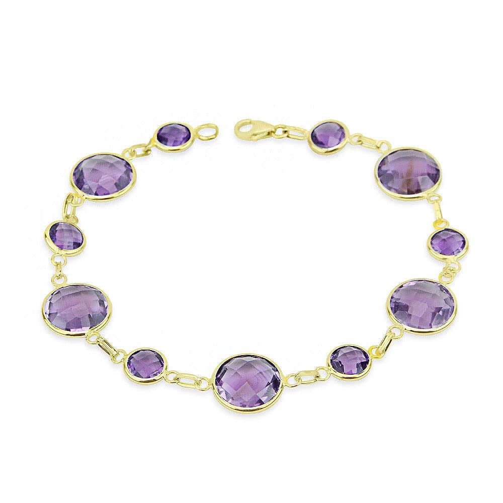 14K Yellow Gold Round Shaped Amethyst Gemstone Bracelet 8 Inches