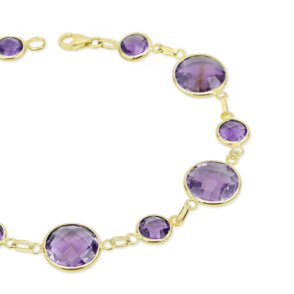 14K Yellow Gold Round Shaped Amethyst Gemstone Bracelet 8 Inches