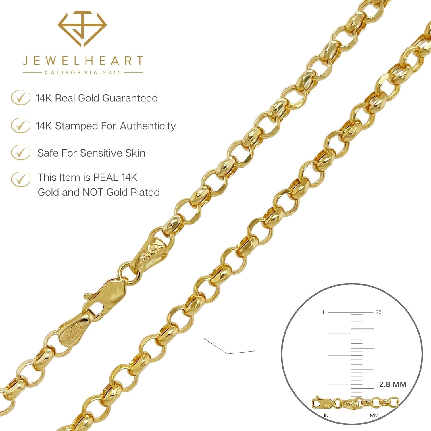 JEWELHEART 14K Yellow Real Gold Rolo Chain 1.9mm 2.5mm 2.8mm 3.75mm 4.2mm 5.2mm Diamond Cut Trendy Round Link Chain Pendant Necklace For Women with Lobster Clasp 16 18" 20" 22" 24" · v2