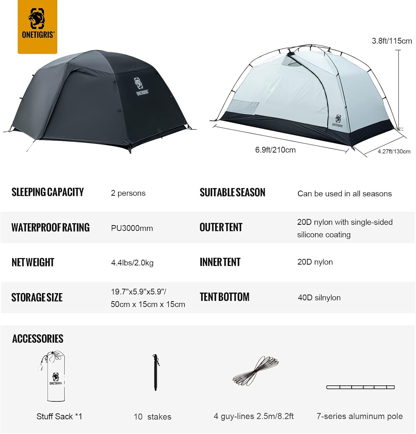 OneTigris Stella 4 Season Camping Tent Backpacking 2 Person Waterproof Lightweight Easy Setup Instant 3000mm Waterproof Rating Outdoor Hiking Tent · v5