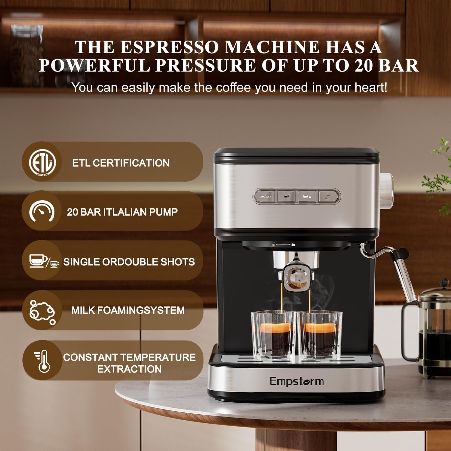 20 Bar Espresso Machine, Cappuccino Machines with Milk Frother Steam Wand, Latte Machine for HomeBarista, 50oz Removable Water Tank, Automatic Shut-off Function (Espresso Machine)