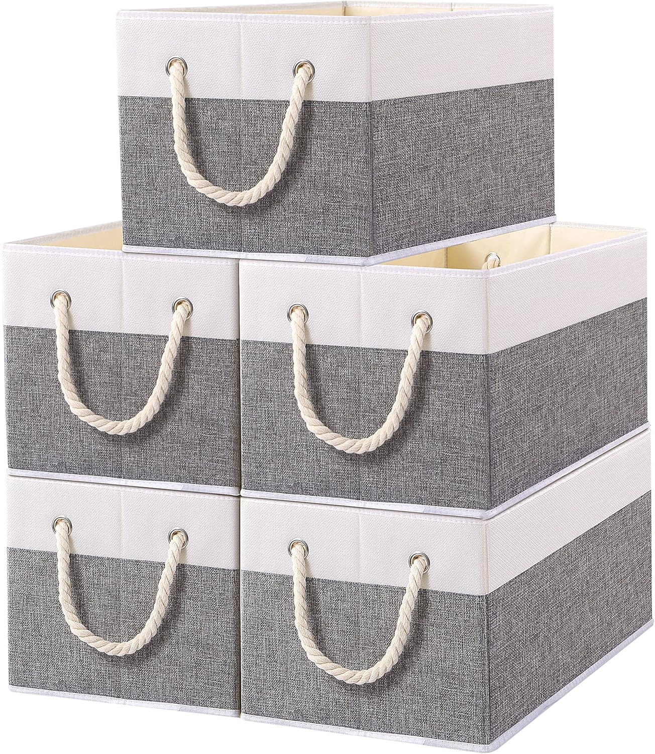 Yawinhe Foldable Storage Basket 5-Pack, Large Fabric Storage Bins with Rope Handle, Used for Organizing Shelves, Closets, Clothes Storage Box, 12.99'Lx9.05''Wx7.87''H, White/Grey