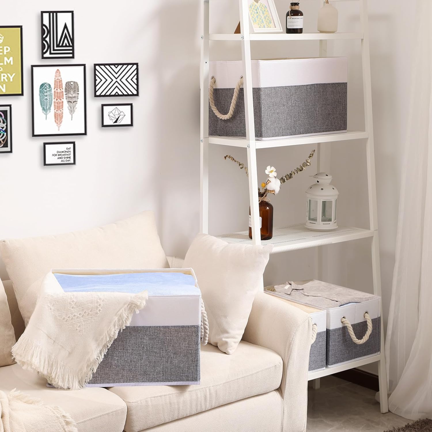 Yawinhe Foldable Storage Basket 5-Pack, Large Fabric Storage Bins with Rope Handle, Used for Organizing Shelves, Closets, Clothes Storage Box, 12.99'Lx9.05''Wx7.87''H, White/Grey · v2