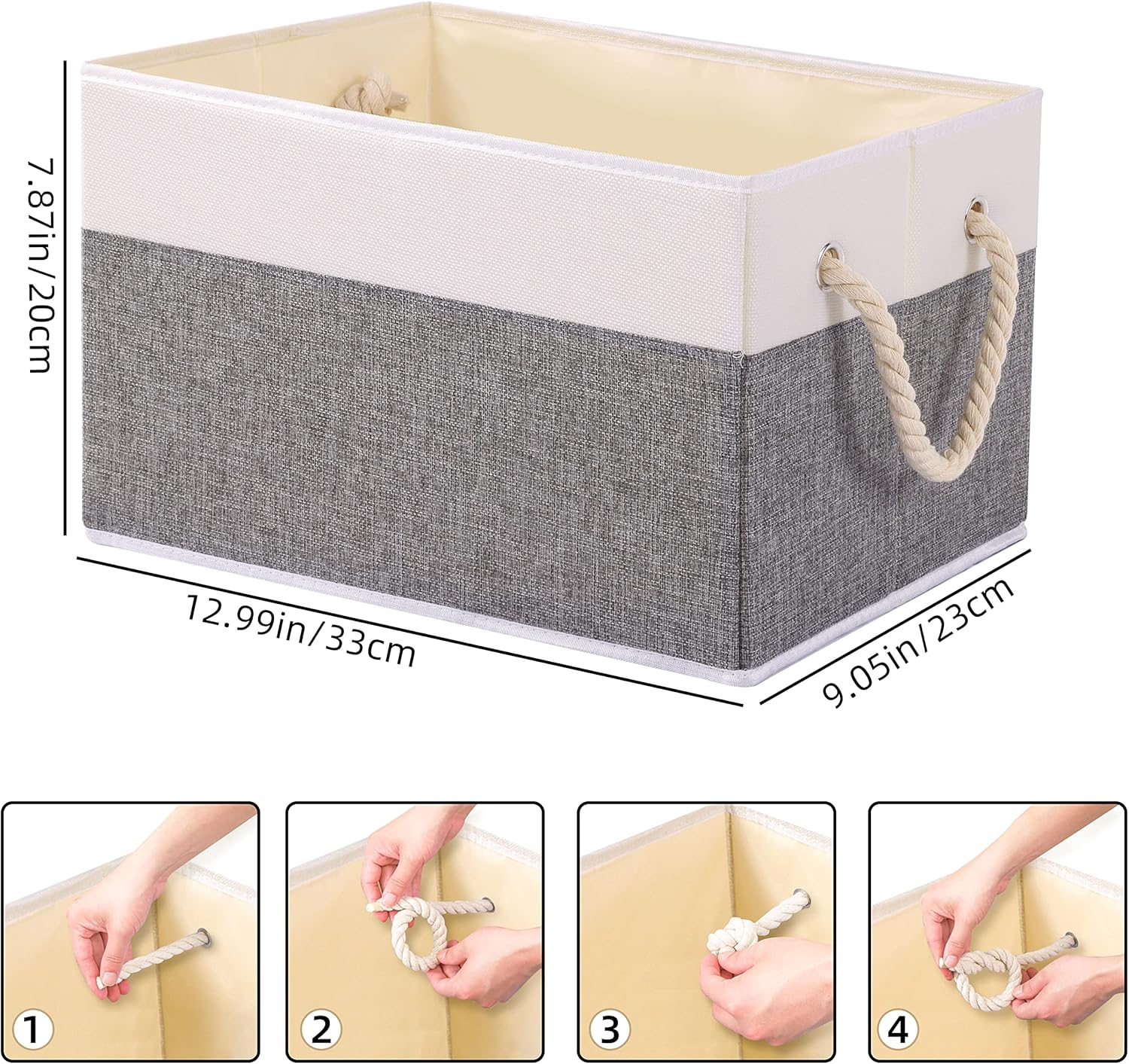 Yawinhe Foldable Storage Basket 5-Pack, Large Fabric Storage Bins with Rope Handle, Used for Organizing Shelves, Closets, Clothes Storage Box, 12.99'Lx9.05''Wx7.87''H, White/Grey · v2