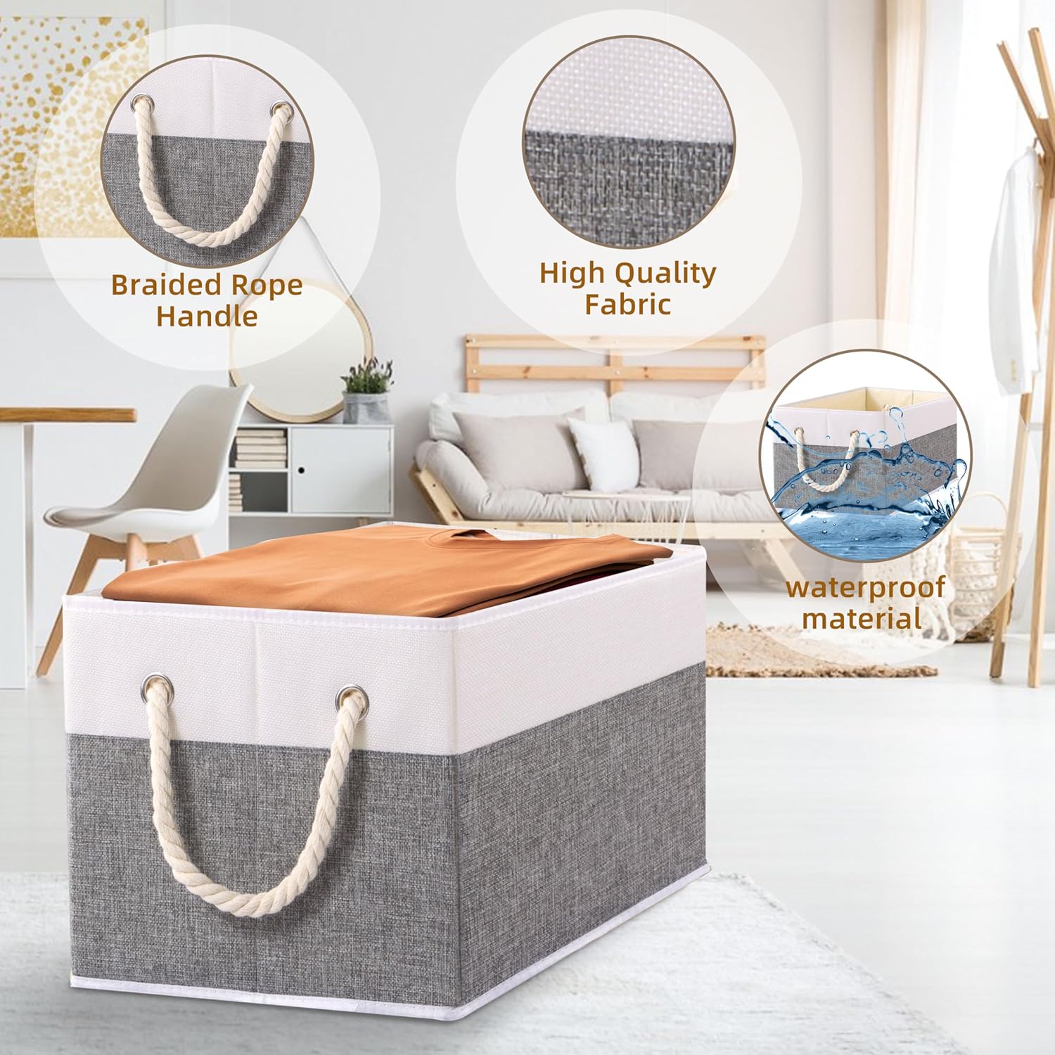 Yawinhe Foldable Storage Basket 5-Pack, Large Fabric Storage Bins with Rope Handle, Used for Organizing Shelves, Closets, Clothes Storage Box, 12.99'Lx9.05''Wx7.87''H, White/Grey · v2