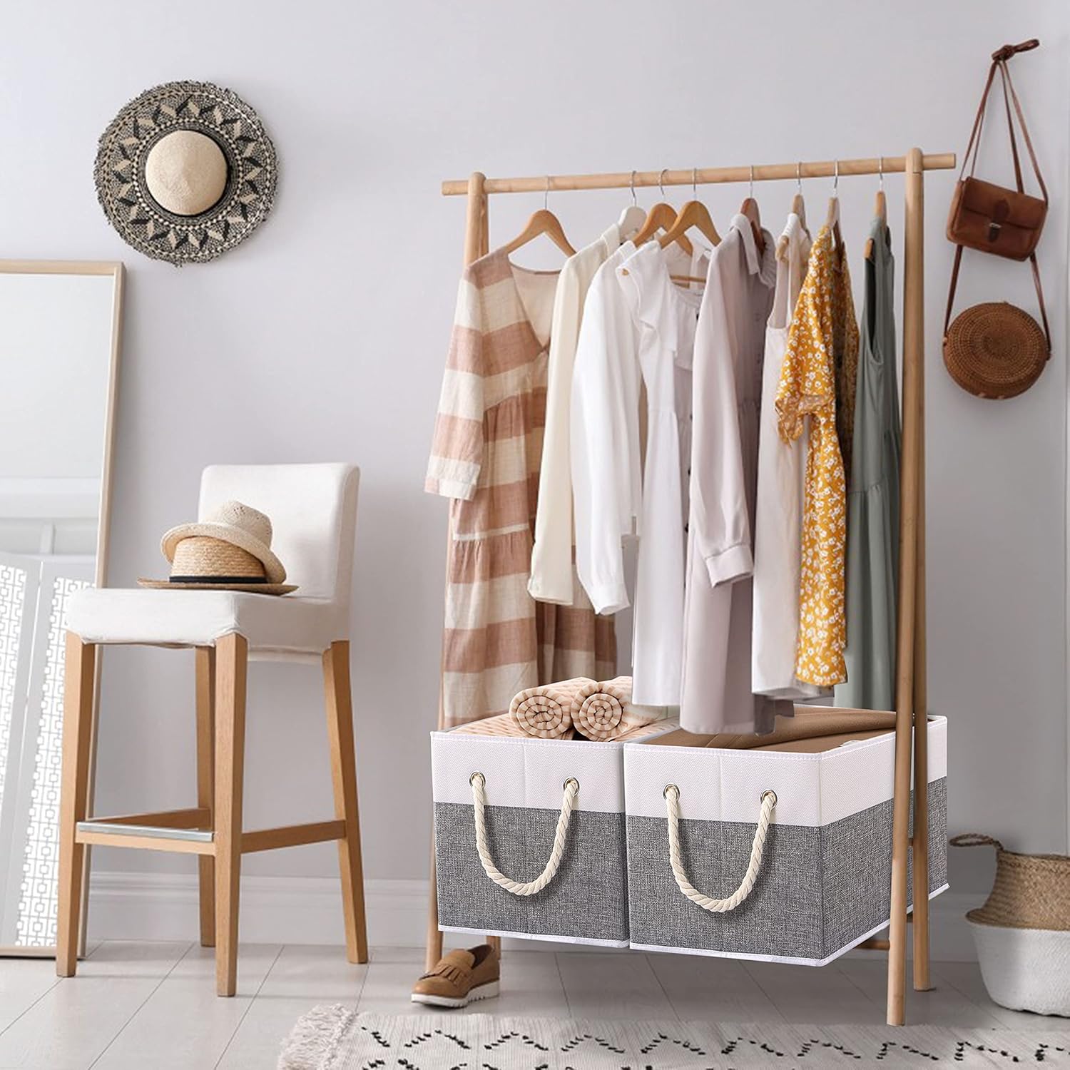 Yawinhe Foldable Storage Basket 5-Pack, Large Fabric Storage Bins with Rope Handle, Used for Organizing Shelves, Closets, Clothes Storage Box, 12.99'Lx9.05''Wx7.87''H, White/Grey · v2