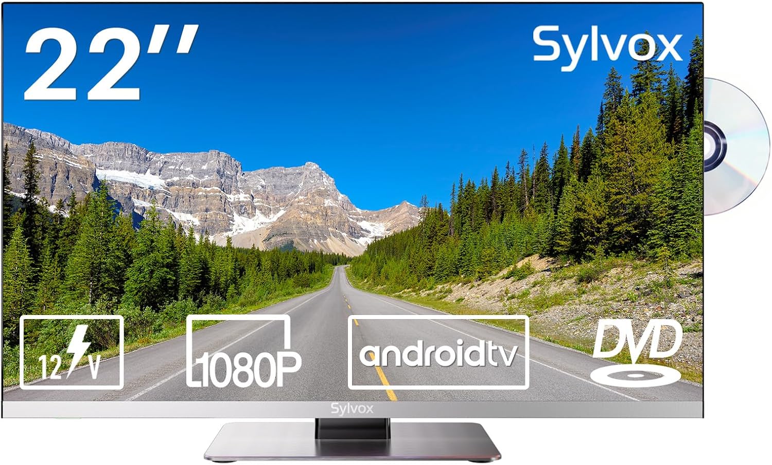 TV RV SYLVOX, TV pintar Android kecil 22 inci 12/24V 1080P Full HD, toko aplikasi internal, mendukung WiFi Bluetooth, untuk mobil rumah berkemah truk perahu (seri Limo, 2023)