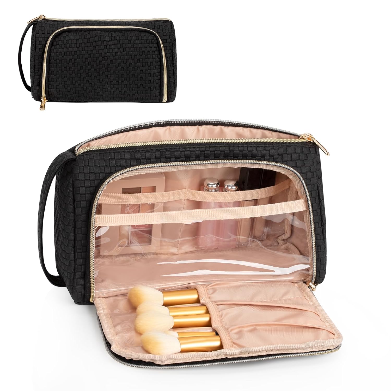 CUBETASTIC Makeup Bag, Small Cosmetic Bag with Makeup Brush Comparment, 2 in 1 Cute Make Up Organizer Pouch for Women Girls, Portable Travel Toiletry Bag