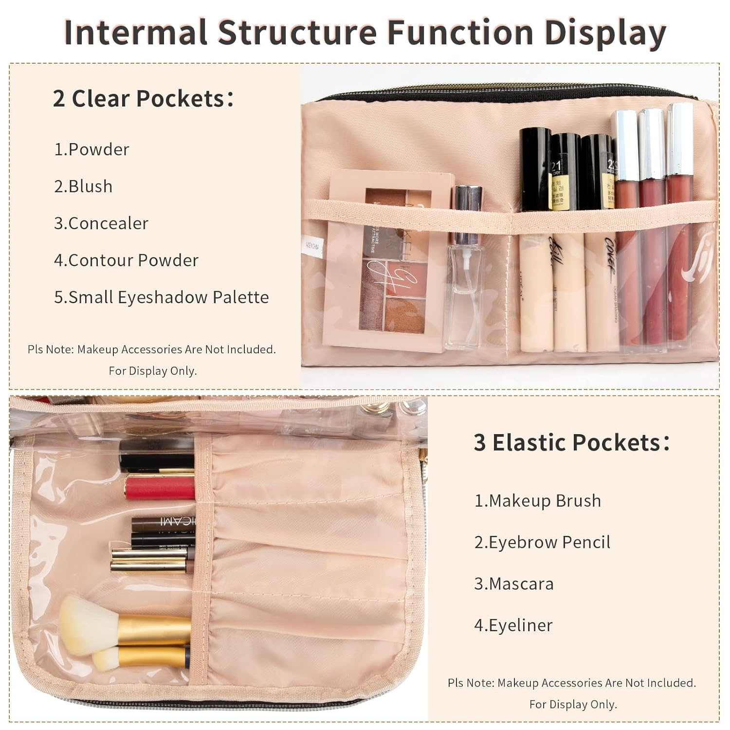 CUBETASTIC Makeup Bag, Small Cosmetic Bag with Makeup Brush Comparment, 2 in 1 Cute Make Up Organizer Pouch for Women Girls, Portable Travel Toiletry Bag