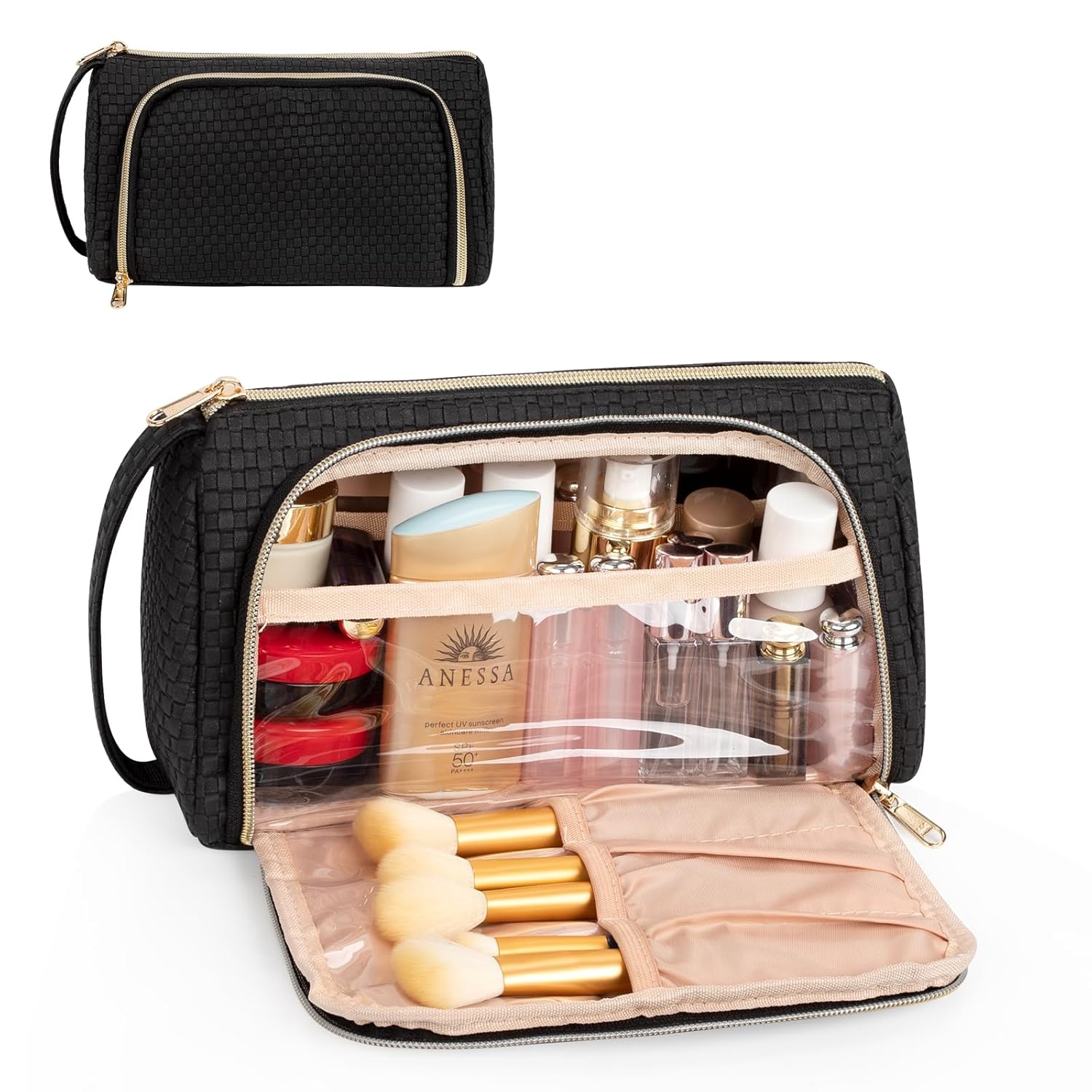 CUBETASTIC Makeup Bag, Small Cosmetic Bag with Makeup Brush Comparment, 2 in 1 Cute Make Up Organizer Pouch for Women Girls, Portable Travel Toiletry Bag