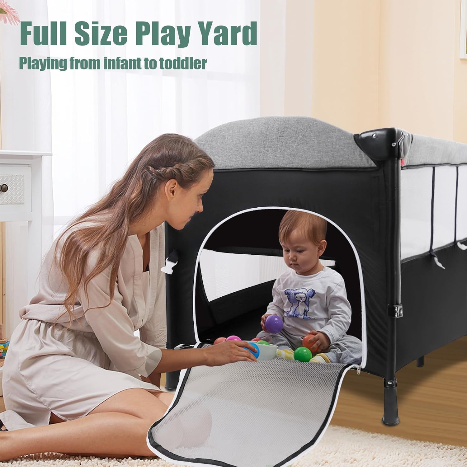 MMBABY 5-in-1 Pack and Play Portable Crib for Baby,Multifunction Bedside Crib from Newborn to Toddlers,U-Shaped Diaper Changer,Playard,Safety Strap,Carry Bag (Black) · v2