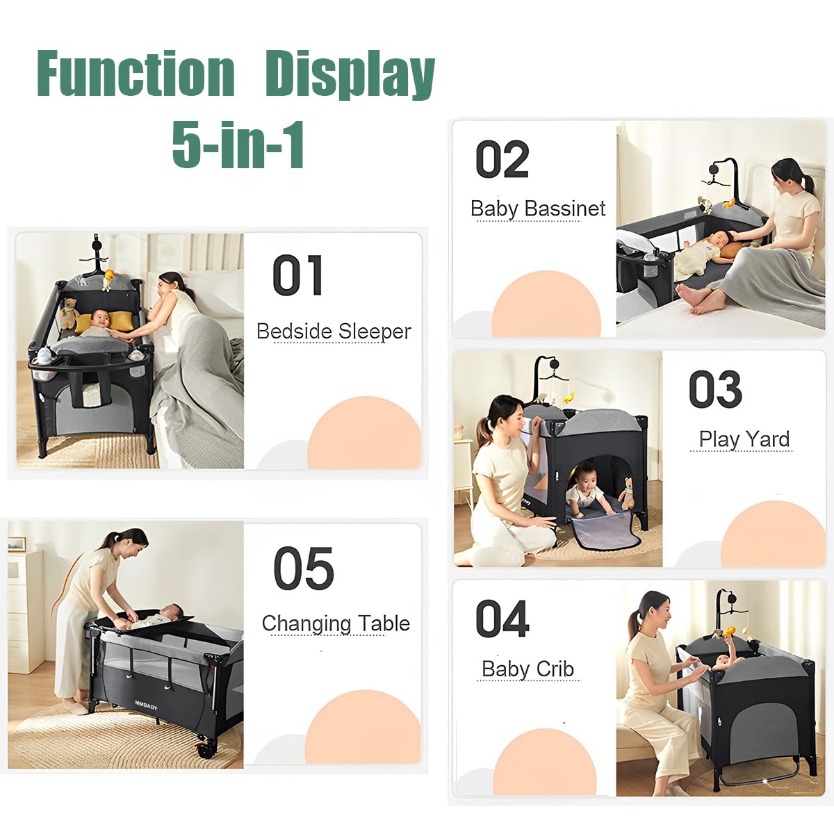 MMBABY 5-in-1 Pack and Play Portable Crib for Baby,Multifunction Bedside Crib from Newborn to Toddlers,U-Shaped Diaper Changer,Playard,Safety Strap,Carry Bag (Black) · v2