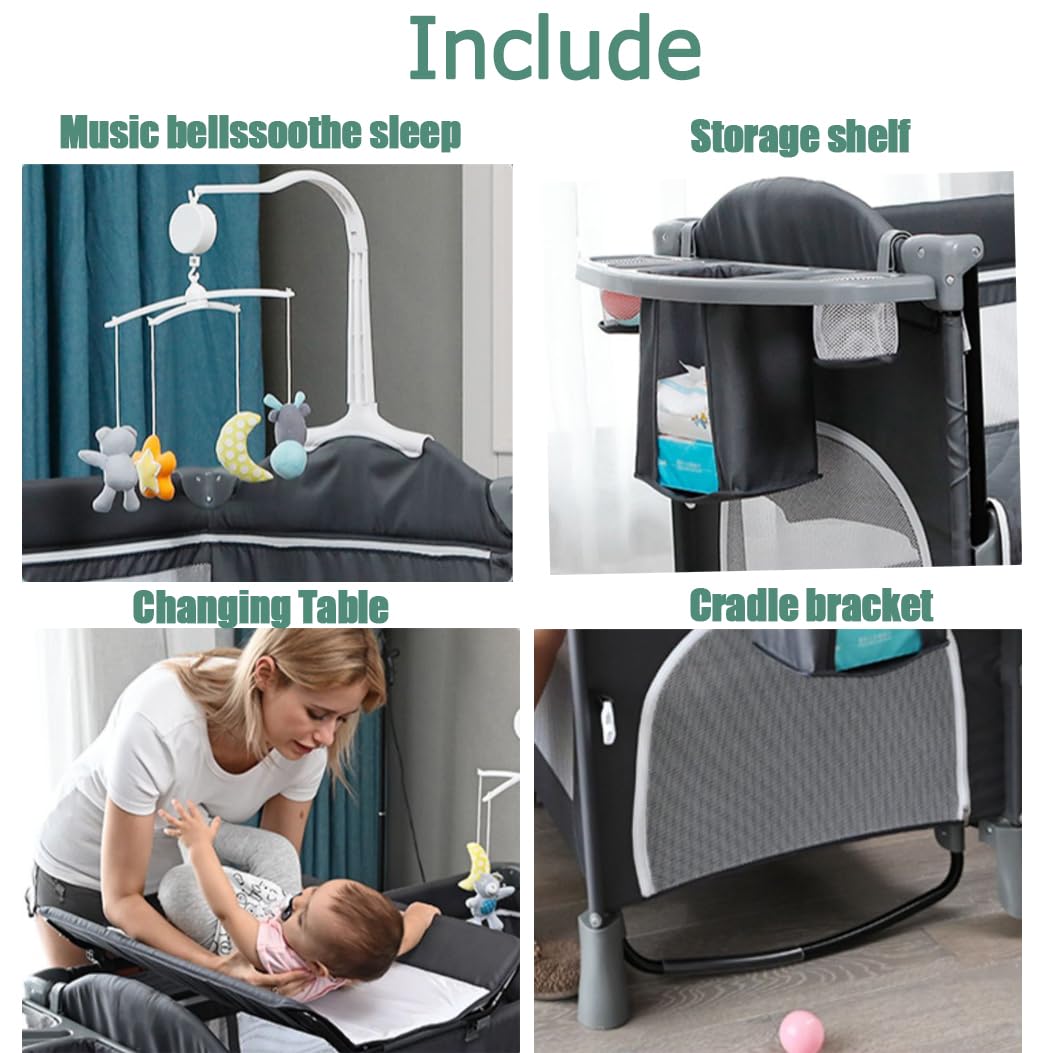 MMBABY 5-in-1 Pack and Play Portable Crib for Baby,Multifunction Bedside Crib from Newborn to Toddlers,U-Shaped Diaper Changer,Playard,Safety Strap,Carry Bag (Black) · v2