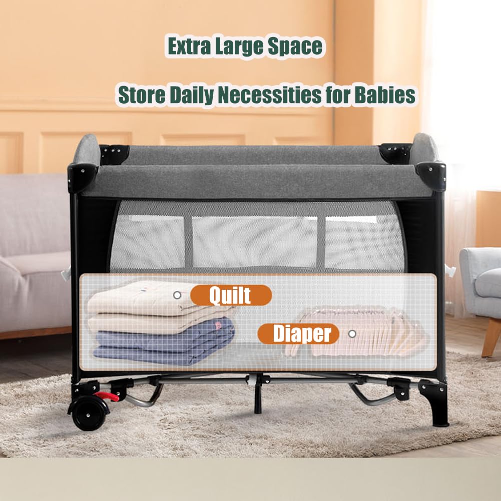MMBABY 5-in-1 Pack and Play Portable Crib for Baby,Multifunction Bedside Crib from Newborn to Toddlers,U-Shaped Diaper Changer,Playard,Safety Strap,Carry Bag (Black) · v2