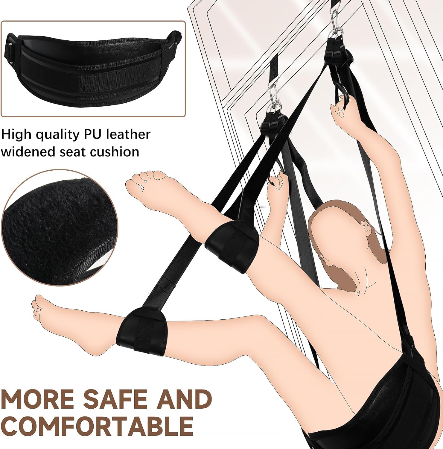 BDSM Door Sex Swing พร้อมที่นั่ง Bondage Slave ใหม่ล่าสุด สายรัดหนังนุ่มสำหรับเซ็กส์พร้อมสายปรับได้ กุญแจมือแขวนที่ประตู สายรัดขา ที่วางกระจาย ของเล่นทางเพศสำหรับผู้ใหญ่สำหรับคู่รัก รองรับน้ำหนักได้ถึง 300 ปอนด์