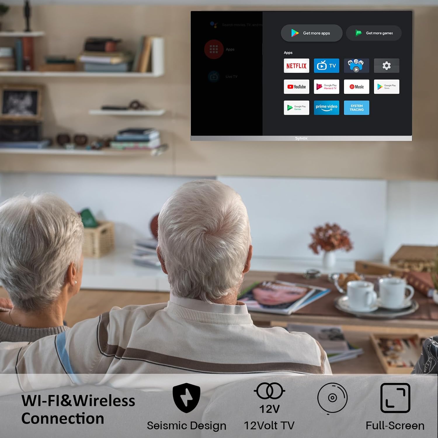 SYLVOX 24 Inch TV 12 Volt Smart TV FHD 1080P Digital Video Disc Player Built-in ARC CEC WiFi Wireless Connection Support, Suitable for RV Camper Kitchen Bedroom Boat(Limo Series),Black · v9