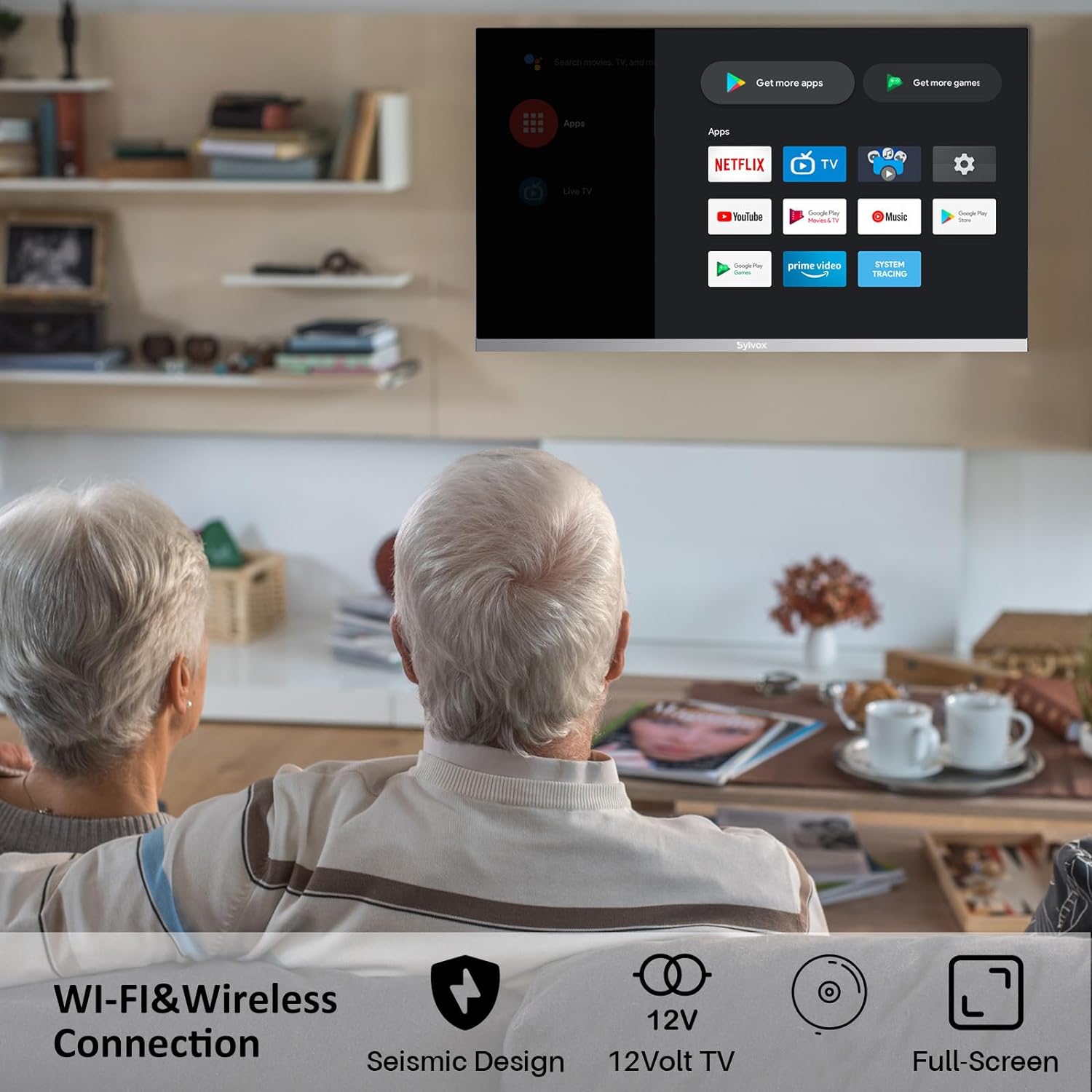 SYLVOX 22' Smart 12 Volt TV Digital Video Disc Combo FHD 1080P Android 11.0, mit drahtloser ARC CEC WiFi-Verbindung, für Zuhause, Wohnmobil und mobile Nutzung (Limo-Serie), Schwarz