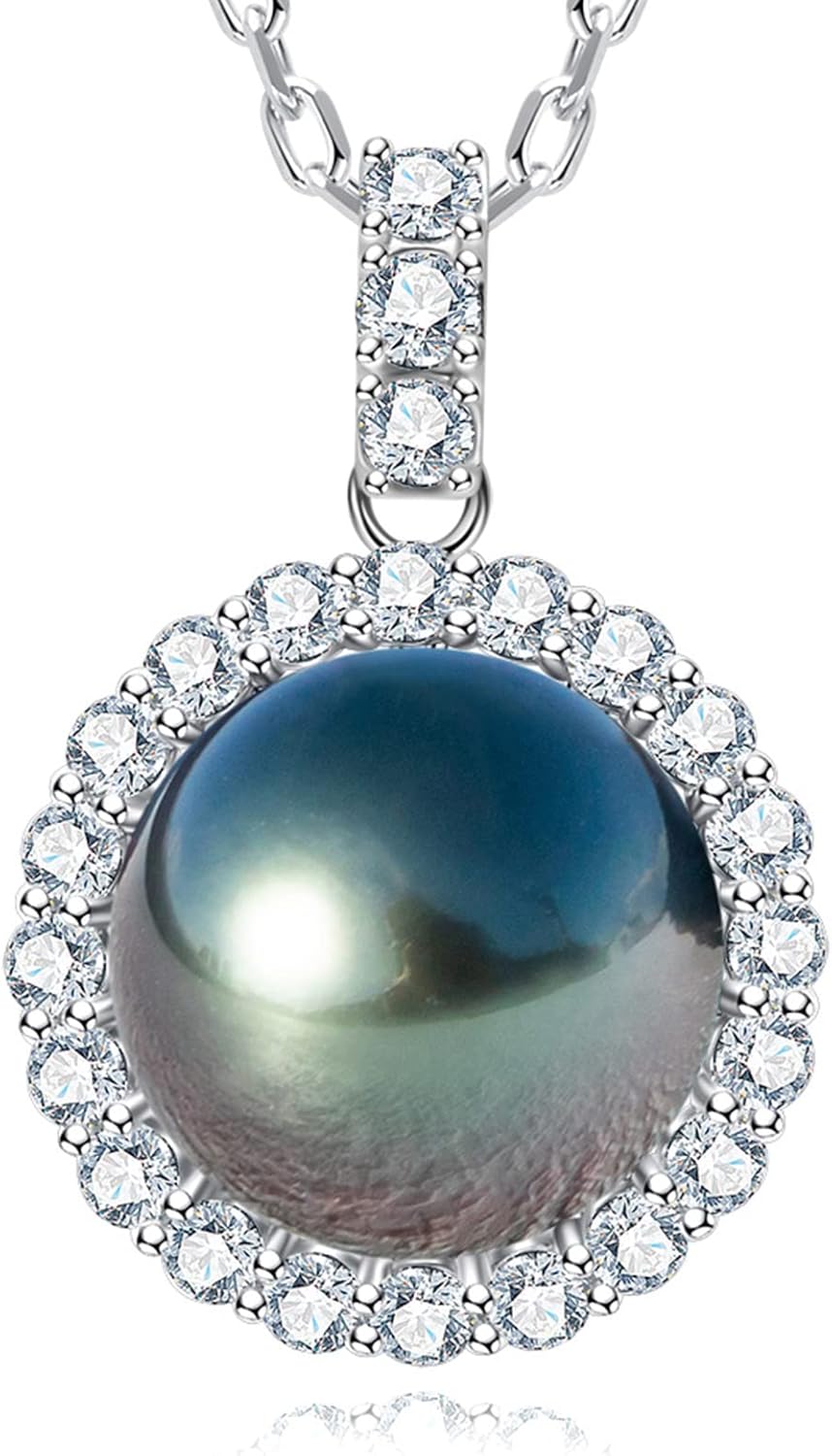 12-13mm Tahitian Black Pearl with Moissanite Necklace for Women, AAAA Quality Handselected Nature Black Pearls, 10K Solid White Gold/Sterling Silver Pendant, 45 2 3mm Adjustable Sterling Silver Chain · v2