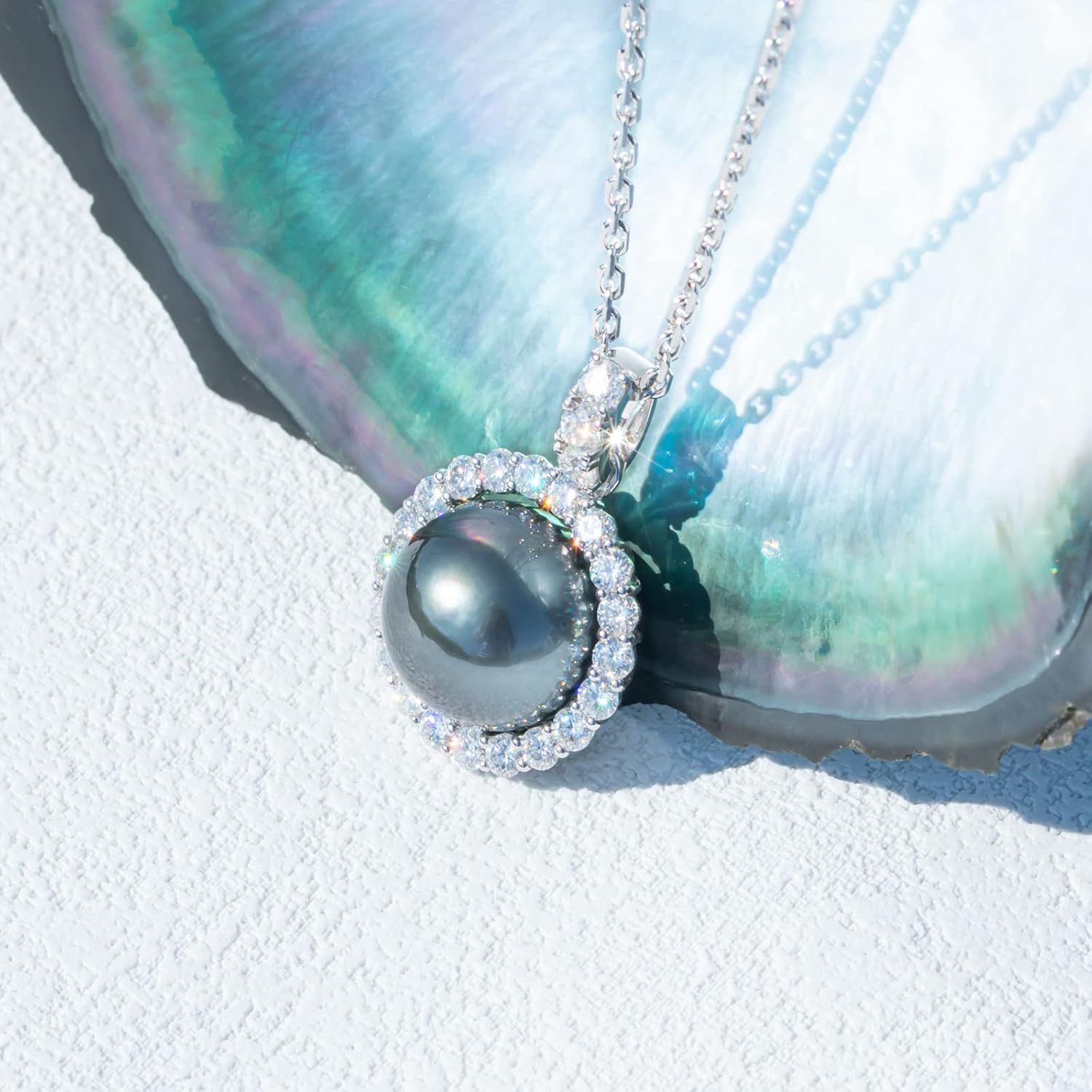 12-13mm Tahitian Black Pearl with Moissanite Necklace for Women, AAAA Quality Handselected Nature Black Pearls, 10K Solid White Gold/Sterling Silver Pendant, 45 2 3mm Adjustable Sterling Silver Chain · v2