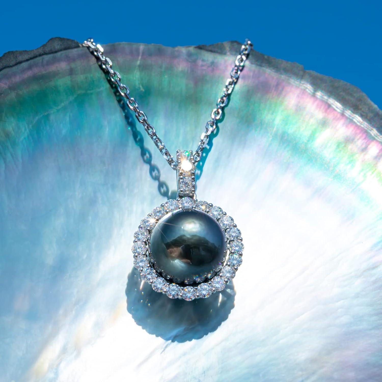 12-13mm Tahitian Black Pearl with Moissanite Necklace for Women, AAAA Quality Handselected Nature Black Pearls, 10K Solid White Gold/Sterling Silver Pendant, 45 2 3mm Adjustable Sterling Silver Chain · v2