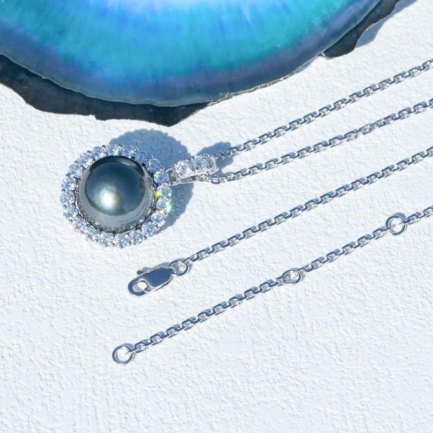 12-13mm Tahitian Black Pearl with Moissanite Necklace for Women, AAAA Quality Handselected Nature Black Pearls, 10K Solid White Gold/Sterling Silver Pendant, 45 2 3mm Adjustable Sterling Silver Chain · v2