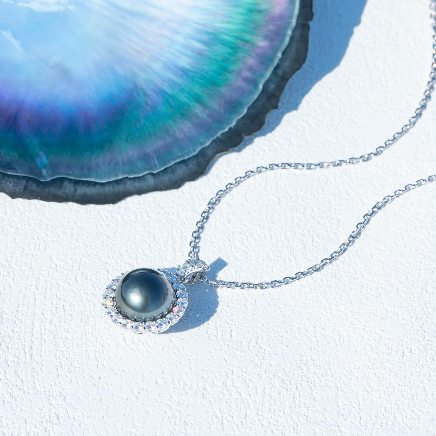 12-13mm Tahitian Black Pearl with Moissanite Necklace for Women, AAAA Quality Handselected Nature Black Pearls, 10K Solid White Gold/Sterling Silver Pendant, 45 2 3mm Adjustable Sterling Silver Chain · v2