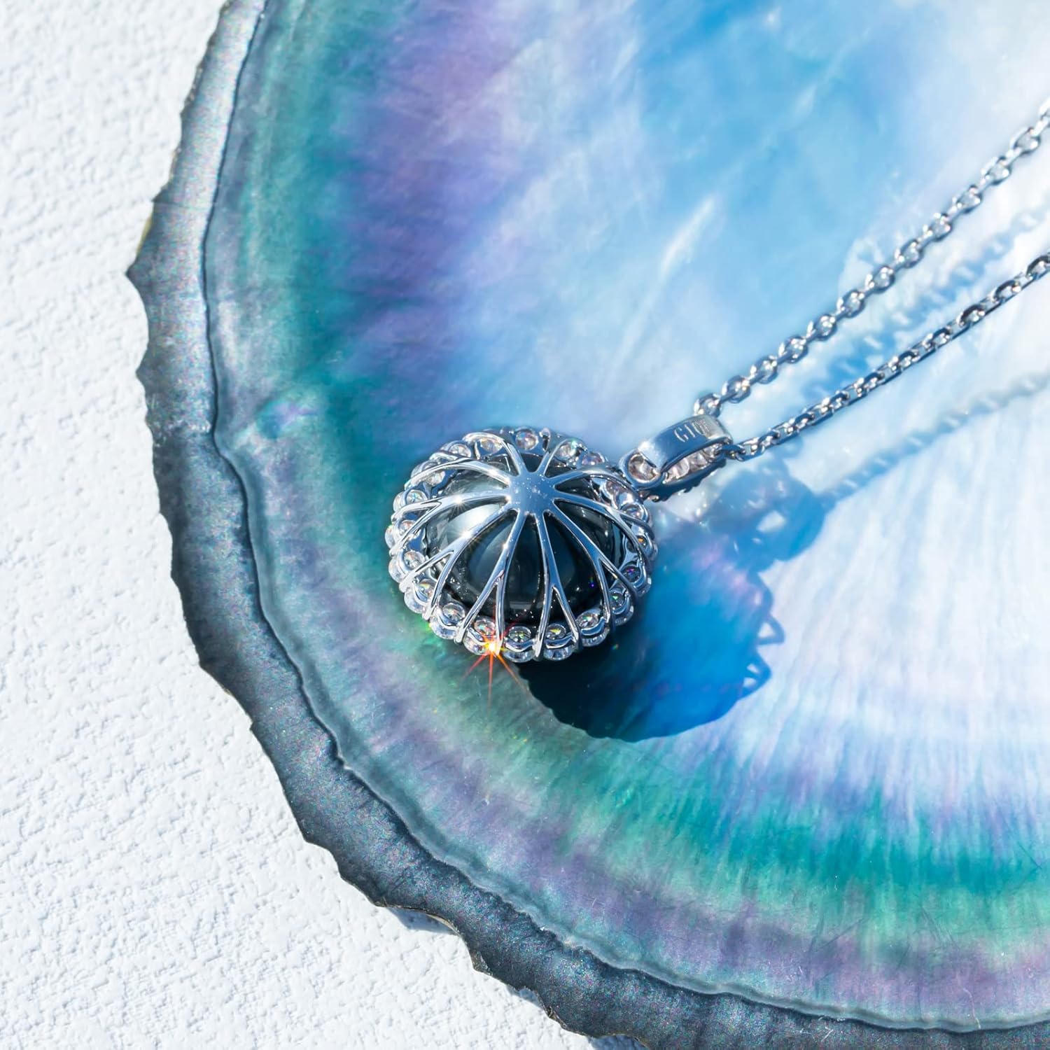 12-13mm Tahitian Black Pearl with Moissanite Necklace for Women, AAAA Quality Handselected Nature Black Pearls, 10K Solid White Gold/Sterling Silver Pendant, 45 2 3mm Adjustable Sterling Silver Chain · v2