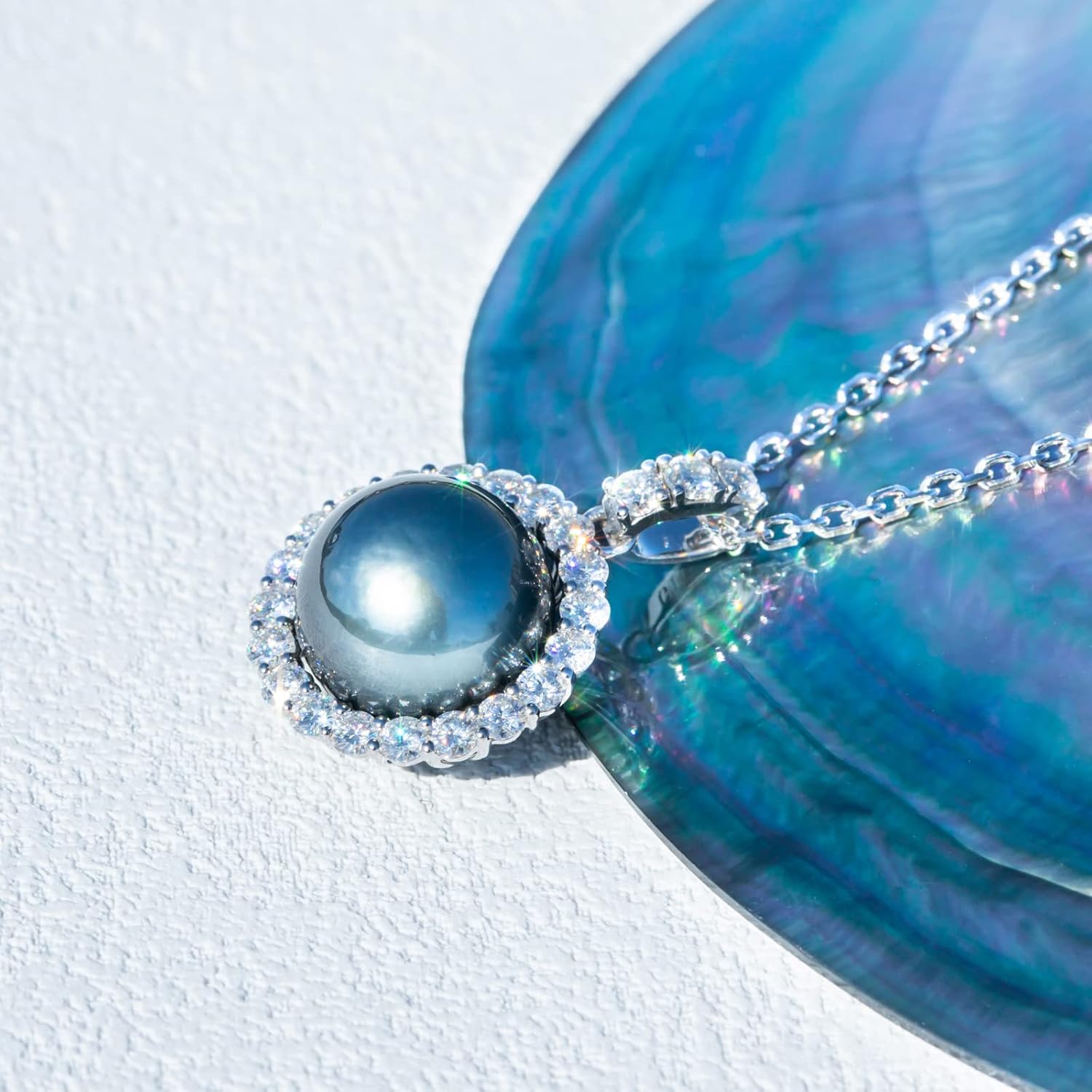 12-13mm Tahitian Black Pearl with Moissanite Necklace for Women, AAAA Quality Handselected Nature Black Pearls, 10K Solid White Gold/Sterling Silver Pendant, 45 2 3mm Adjustable Sterling Silver Chain · v2